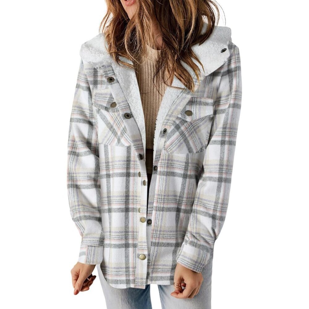 Women’s Plaid Fleece Hooded Shirt Jacket Small Casual Warm Coat
